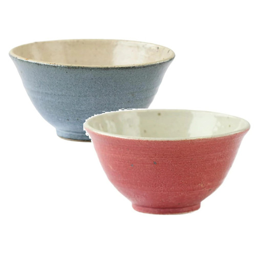 Pair Shigaraki ware Japanese Rice bowl Gohan Chawan Saiun Blue Red Japan