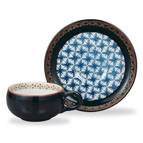 Kutani ware Japanese Coffee cup saucer  Tenmoku glaze Komon pattern Japan