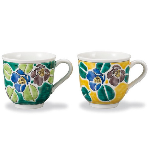 Pair Kutani ware porcelain Mug Coffee Tea cup Yoshida-ya Sazanka Yellow Green
