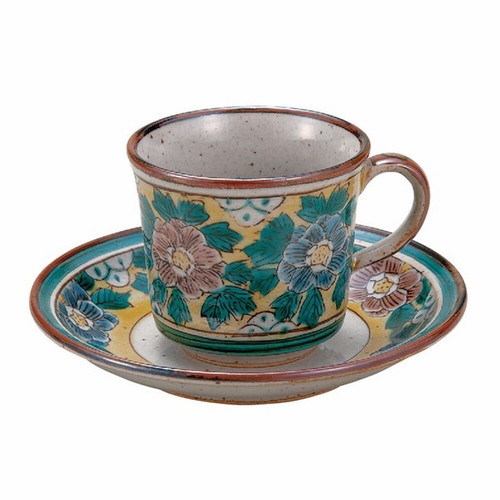 Kutani ware Japanese coffee tea cup and Saucer Bizan Kiln Yoshidaya Botan Japan