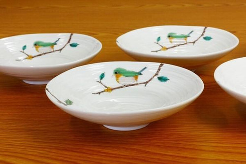 Japanese Kutani Ware 16cm Deep Dish Set Mejiro White-eye Bird Seiko Kiln Japan