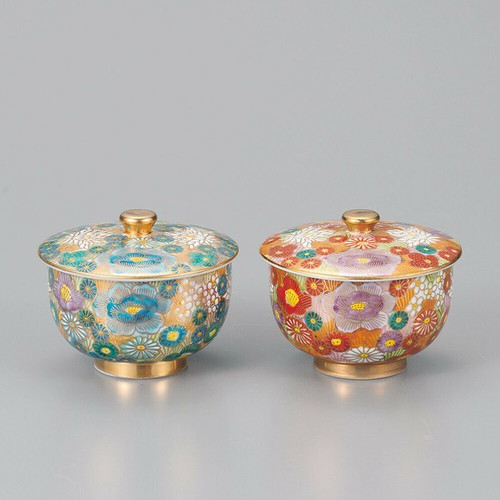 Kutani ware Japanese Green tea cup Lid setHanatsume Gold Blue Red Japan