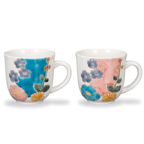 Pair Kutani ware Japanese Mug Coffee Tea cup Takakazu Floral Crest Pattern Japan
