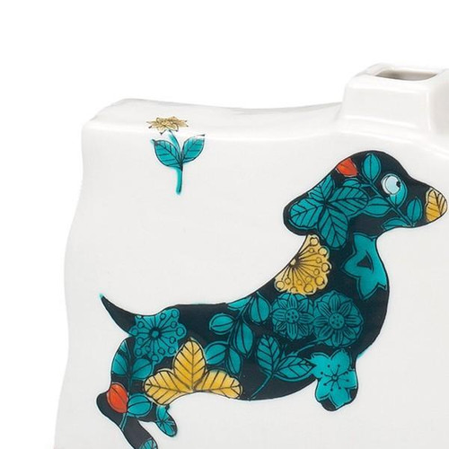 Botanical Blue Ceramic Ikebana Vase Dog Design Made in JapanTaishi Kiln
