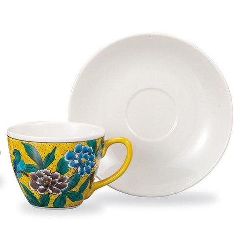 Pair Kutani ware Japanese Coffee cup saucer Koyo Kiln Yoshida-ya Flower Bird
