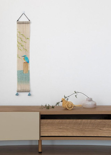 Kyoto Mini Tapestry Handpainted Linen Wall HangingKawasemi Kingfisher Japan