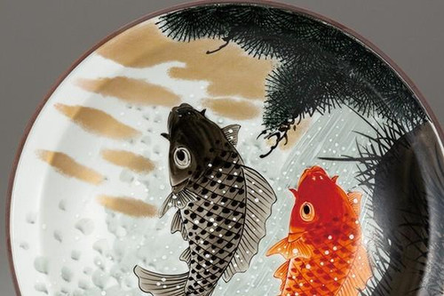 Kutani ware Decorative plate 31cm Koi Carp Waterfall Japan Fukuda Yoshinori