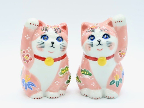 Kutani ware Maneki neko Pair Japanese Lucky cat Pink mori sho chiku bai Japan