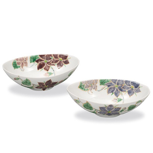 Kutani Ware Pair Bowls 20cm Tessen Clematis Patterns Made in Japan Tsuyoshi Sato