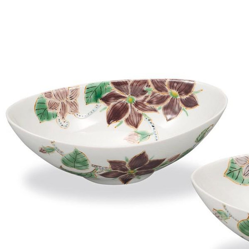 Kutani Ware Pair Bowls 20cm Tessen Clematis Patterns Made in Japan Tsuyoshi Sato