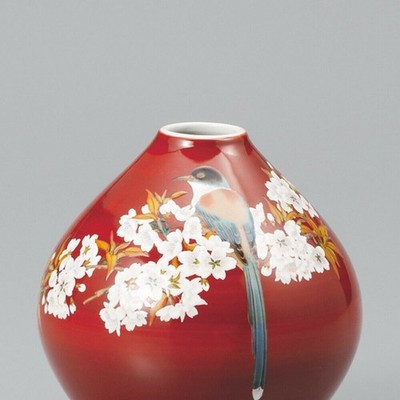 Kutani ware Japanese Flower single vase Yoshida-ya Flower Bird Red Japan