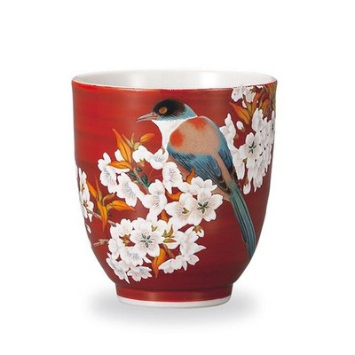 Kutani ware Japanese green tea cup Red Yoshida-ya Flower and Bird Japan