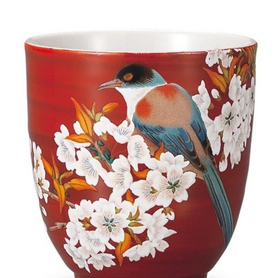 Kutani ware Japanese green tea cup Red Yoshida-ya Flower and Bird Japan
