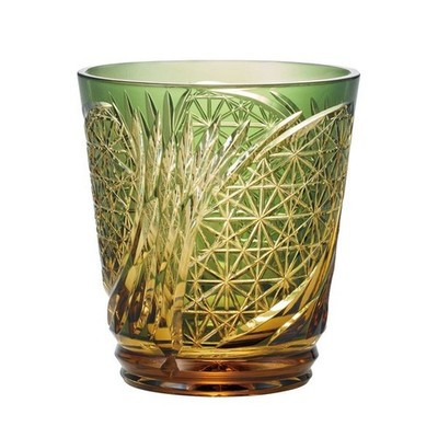 Yachiyo Kiriko Rokkaku Kiku Tsunagi Rocks Glass (Moegi Green) Japan Whisky Glass