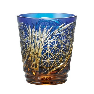 Yachiyo Kiriko Rokkaku Kiku Tsunagi Rocks Glass (Ruri Blue) Japan Whisky Glass