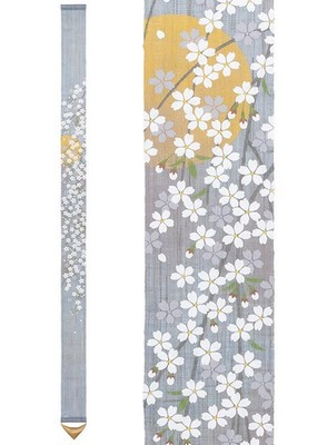 Kyoto Wall Hanging Tapestry Handpainted Linen Night Cherry Blossoms Kasumi Japan