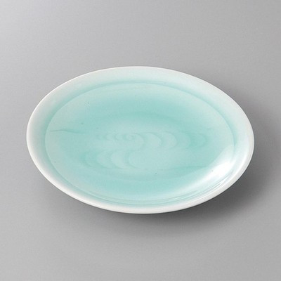 Japanese Mino Ware Celadon Yuzen Carved 6.4" Round Plate Blue White Made Japan