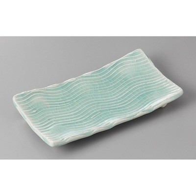 Japanese Mino Ware Handmade Ash Celadon Footed Rectangular Grilled Fish Plate
