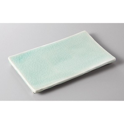 Japanese Mino Ware Celadon Crackle Rectangular Footed Plate Sushi Sashimi 22.5cm