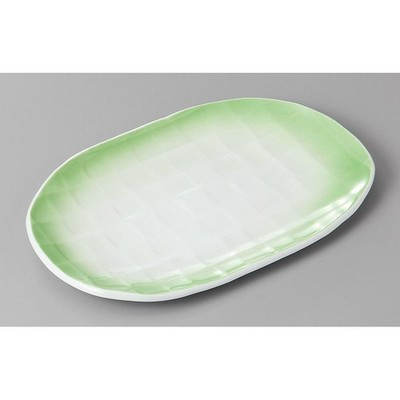 Japanese Seto Ware Green Lattice Oval Sushi Sashimi Serving Plate 21.3cm