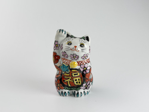 Kutani yaki porcelain Maneki neko Japanese Lucky cat Hanatsume Flower Right hand up