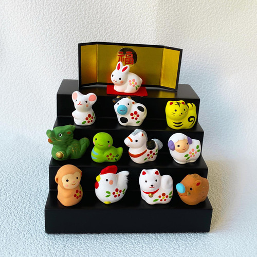 Zodiac Chinese fortune Japanese pottery Cute 4 stage New year ornaments Japan Large