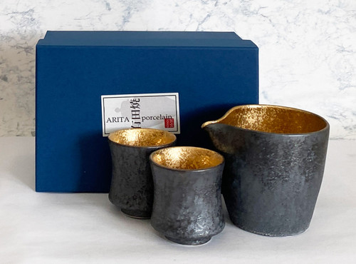 Arita porcelain Japanese Sake cup bottle set Crystal Gold glaze Guinomi Tokkuri
