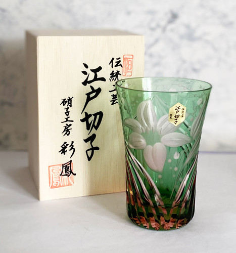 Edo Kiriko Glass Tumbler Sake Beer Cup Green Pink Lily flower Motif Tokyo Japan
