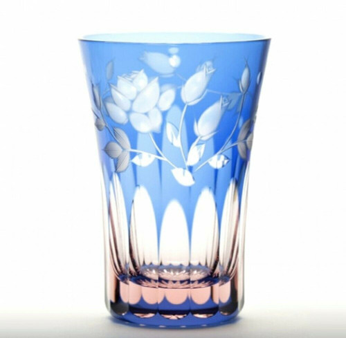 Edo Kiriko Glass Tumbler Sake Beer Cup Blue Pink Rose flower Motif Tokyo Japan