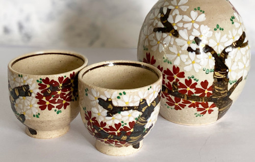 Sake cup and Bottle set Kyo Kiyomizu yaki ware Guinomi Tokkuri Daigo Cherry