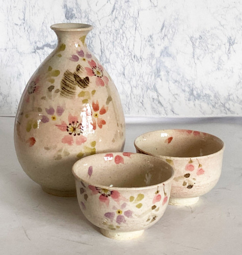 Sake cup and Bottle set Kyo Kiyomizu yaki ware Guinomi Tokkuri Japan Hana Biyori