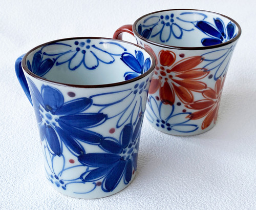 Pair Kyo Kiyomizuyaki ware Mug Coffee Tea Cup porcelain blue red glaze Japan