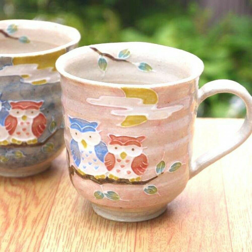 Pair Kyo Kiyomizu yaki ware Mug Coffee Tea Cup Owl Fukuro Motif Handpaint Japan