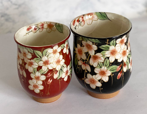 Yunomi Kyo Kiyomizu yaki pottery Japanese tea cup set weeping cherry