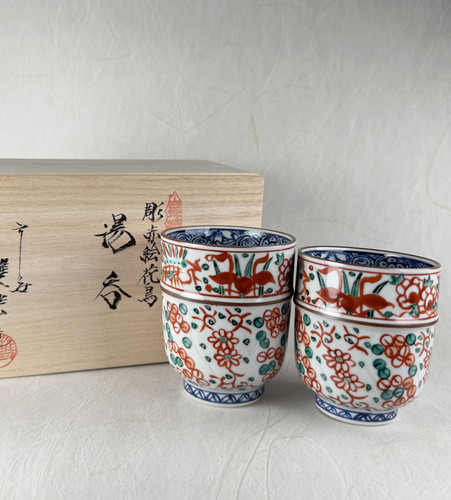 Yunomi Kyo Kiyomizu yaki porcelain Japanese tea cup set Aka-e Flower Bird