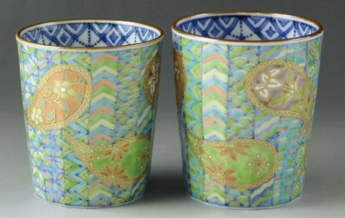 Yunomi Kyo Kiyomizu yaki Japanese tea cup set Paisley pattern Japan