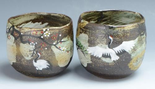 Yunomi Kyo Kiyomizu yaki pottery Japanese tea cup set Sho chiku