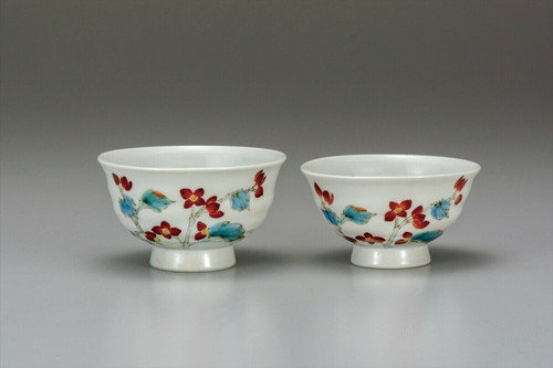 Pair Kutani yaki Gohan Chawan Japanese Rice bowl set Begonia flower motif Japan