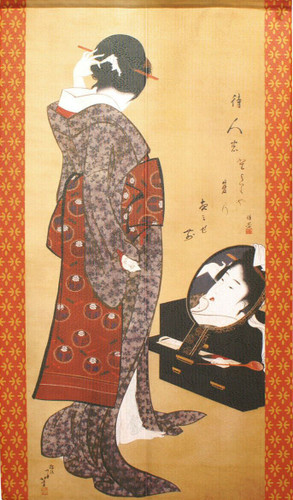 Noren Tapestry door curtain Hokusai Woman Looking at Herself in a Mirror japan
