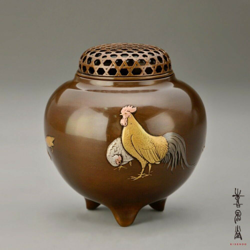 Koro Japanese Bronze Incense burner Takaoka Rooster Hen Bird motif Japan