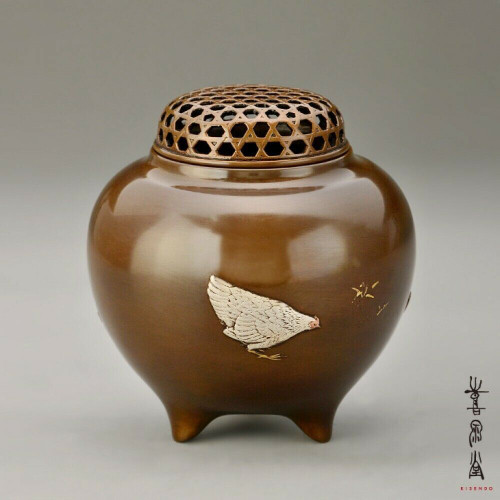 Koro Japanese Bronze Incense burner Takaoka Rooster Hen Bird motif Japan