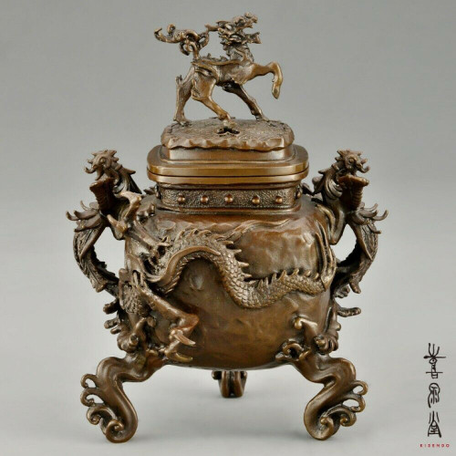 Koro Japanese Bronze Incense burner Takaoka Qilin Dragon motif Large Japan