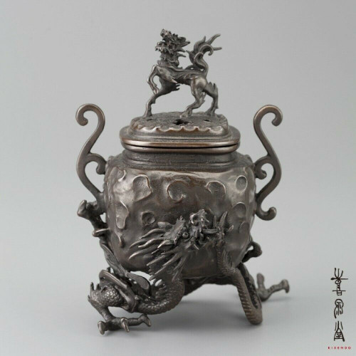 Koro Japanese Bronze Incense burner Takaoka Qilin Dragon motif