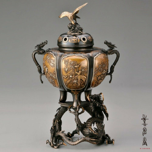 Koro Japanese Bronze Incense burner Takaoka Unryu Dragon Clowd Japan