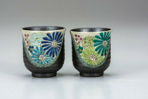Yunomi Kutani yaki Japanese Porcelain Tea cup set Hana Green Blue flower Japan