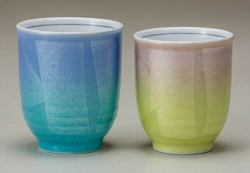 Yunomi Kutani yaki Japanese Pottery Tea cup set Ginsai Blue pink Made in  Japan