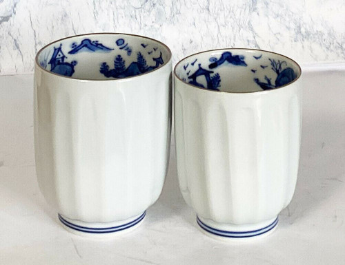 Pair White Blue porcelain Sansui inside Yunomi tea cup Kyo Kiyomizu yaki Japan