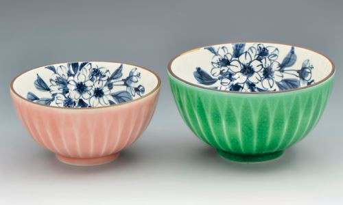 Pair Japanese Chawan Rice Bowl Kyo Kiyomizu yaki ware Kochi Cherry Sakura Japan