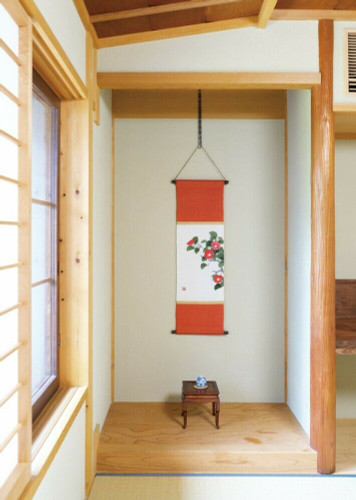 Kyoto Hangin scroll Kakejiku Tapestry Handpaint Tsubaki Camellia Red White Japan