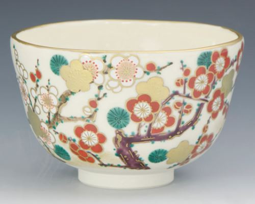 Kyo Kiyomizu yaki ware Japanese Matcha Tea bowl Red White plum Ninsei Japan